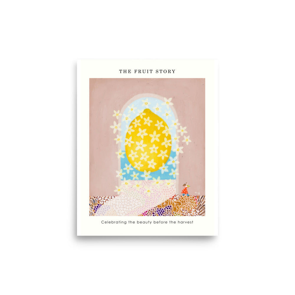 Lemon Poster from The Fruit Story showing a bright yellow lemon covered in white blossoms within a blue arched window, with a printed message below.