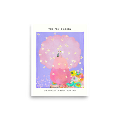 Pear Poster from The Fruit Story showing a large pink pear tree covered in small blossoms, with a tiny figure holding a pear and a printed message below.