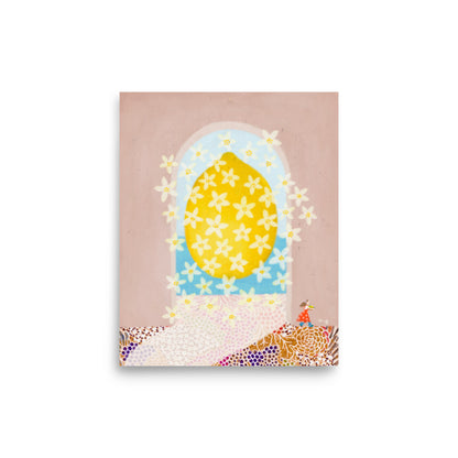 Lemon Illustration Poster from The Fruit Story showing a bright yellow lemon covered in white blossoms within a blue arched window on a soft pink background.