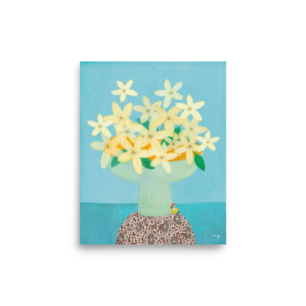 Orange Illustration Poster from The Fruit Story showing pale yellow orange blossoms in a light green vase on a patterned table against a turquoise background.