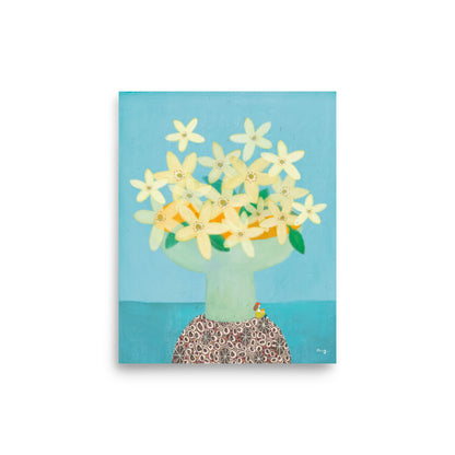 Orange Illustration Poster from The Fruit Story showing pale yellow orange blossoms in a light green vase on a patterned table against a turquoise background.