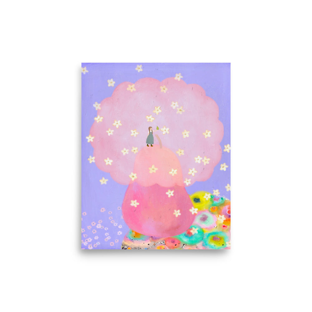 Pear Illustration Poster from The Fruit Story showing a large pink pear tree covered in small blossoms, with a tiny figure holding a pear against a lavender background.