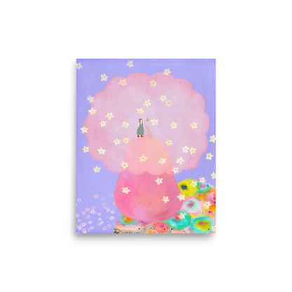Pear Illustration Poster from The Fruit Story showing a large pink pear tree covered in small blossoms, with a tiny figure holding a pear against a lavender background.