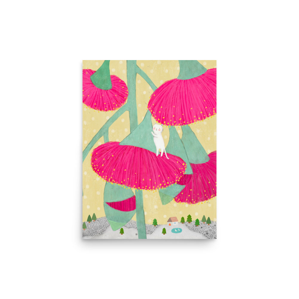 Eucalyptus Synandra illustration poster from The Rare Bloom Collection featuring a vibrant botanical artwork inspired by a rare Australian flower, 12x16 in.