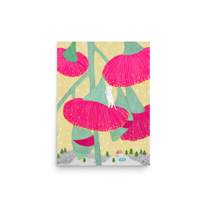 Eucalyptus Synandra illustration poster from The Rare Bloom Collection featuring a vibrant botanical artwork inspired by a rare Australian flower, 12x16 in.