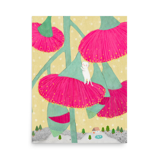 Eucalyptus Synandra illustration poster from The Rare Bloom Collection featuring a vibrant botanical artwork inspired by a rare Australian flower, 18x24 in.