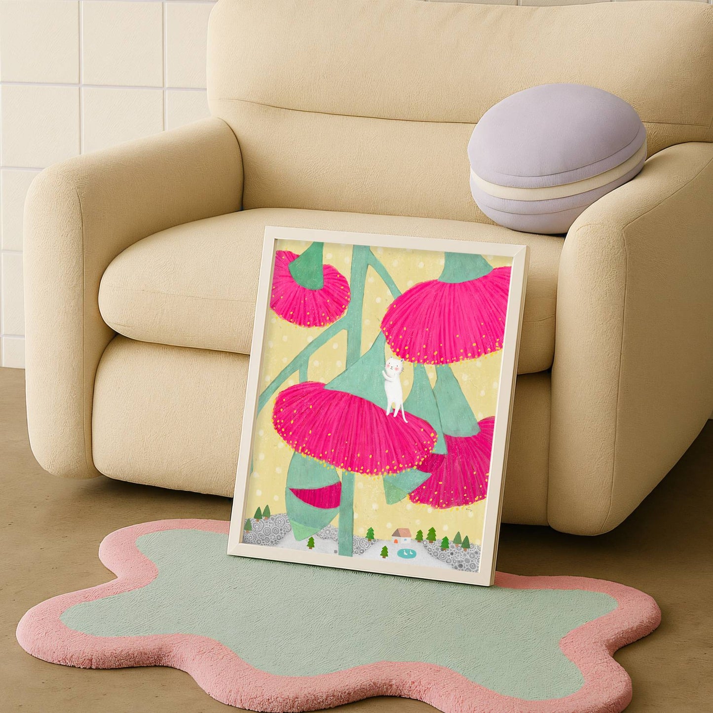 Eucalyptus Synandra illustration poster from The Rare Bloom Collection styled in a cozy living room setting.