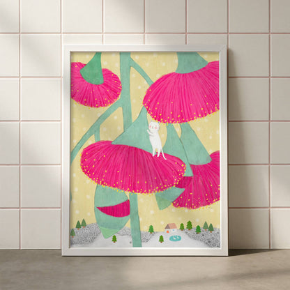 Framed Eucalyptus Synandra illustration poster from The Rare Bloom Collection displayed on a tiled wall, showcasing colorful botanical wall art.