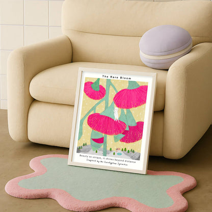 Eucalyptus Synandra botanical poster from The Rare Bloom Collection styled in a cozy living room setting.