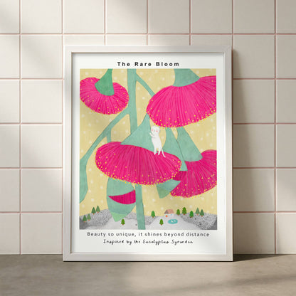 Framed Eucalyptus Synandra poster from The Rare Bloom Collection displayed on a tiled wall, showcasing colorful botanical wall art.