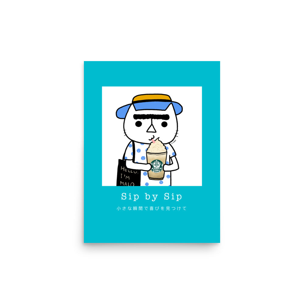 Sip by Sip – cozy cat illustration from the Malo Collection, featuring a cat with a stylized hat and mustache, holding a cup, against a turquoise background, 12x16 in.
