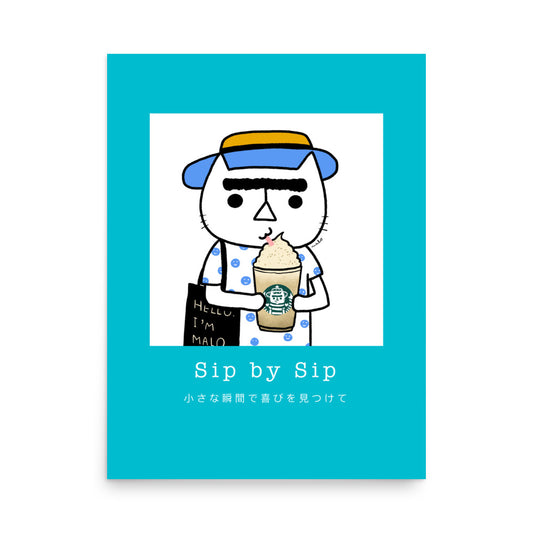 Sip by Sip – cozy cat illustration from the Malo Collection, featuring a cat with a stylized hat and mustache, holding a cup, against a turquoise background, 18x24 in.
