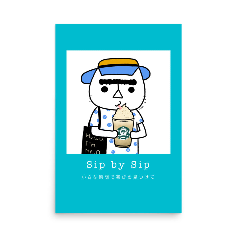 Sip by Sip – cozy cat illustration from the Malo Collection, featuring a cat with a stylized hat and mustache, holding a cup, against a turquoise background, 24x36 in.