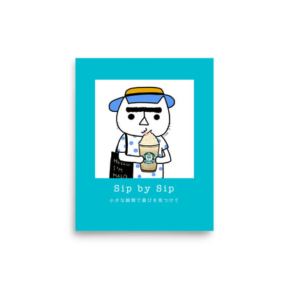 Sip by Sip – cozy cat illustration from the Malo Collection, featuring a cat with a stylized hat and mustache, holding a cup, against a turquoise background, 8x10 in.