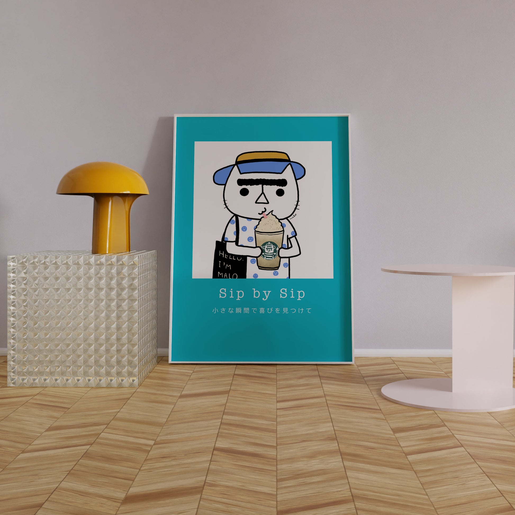 Sip by Sip – cozy cat illustration from the Malo Collection, shown as wall decor in a relaxed everyday living space