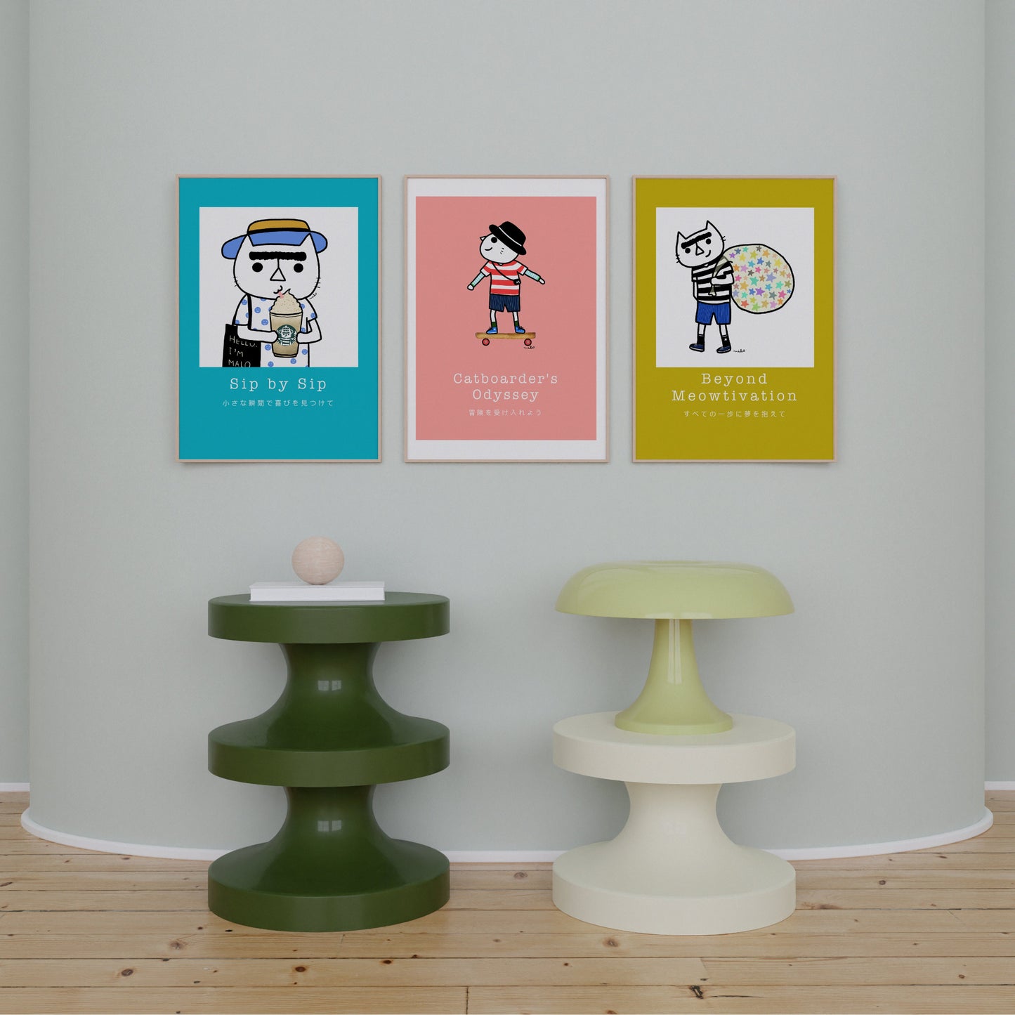 Sip by Sip – cozy cat illustration from the Malo Collection, shown as wall art displayed in a living room