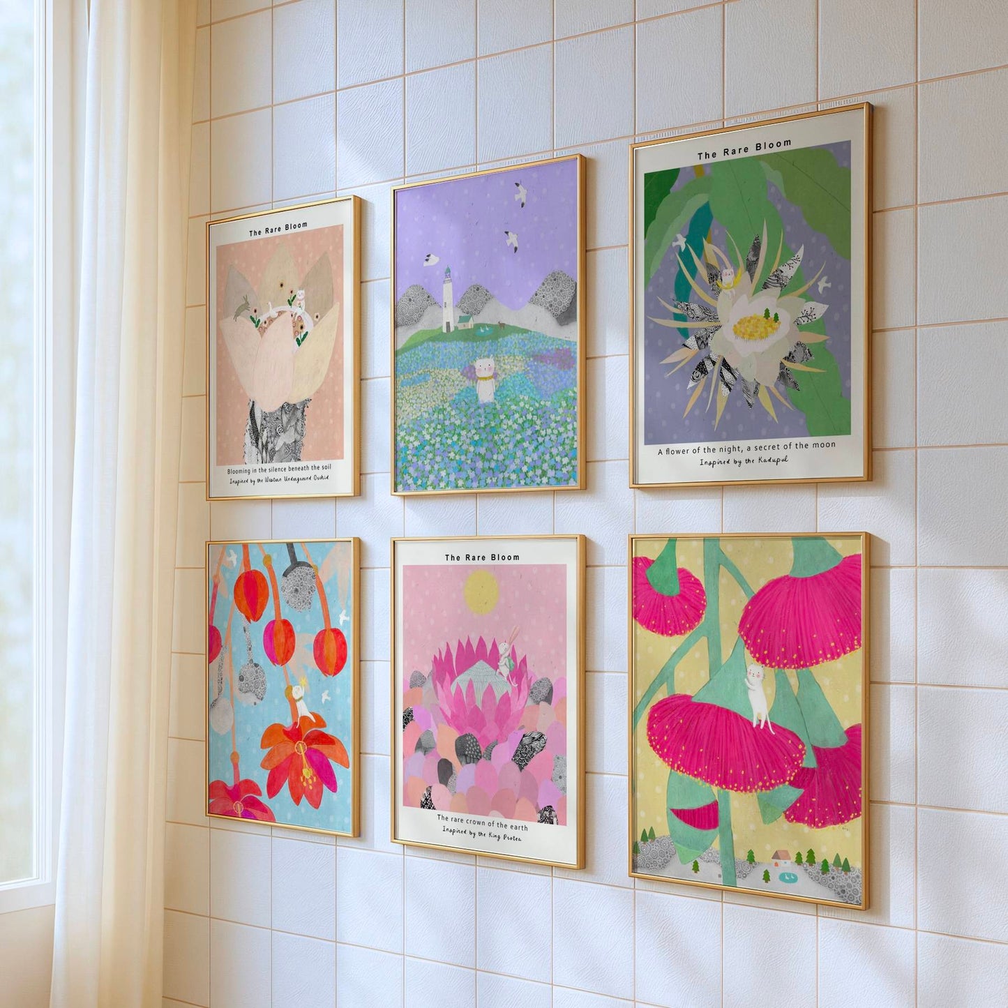 A gallery-style interior display of The Rare Bloom Collection, showcasing multiple botanical posters inspired by rare blooms.