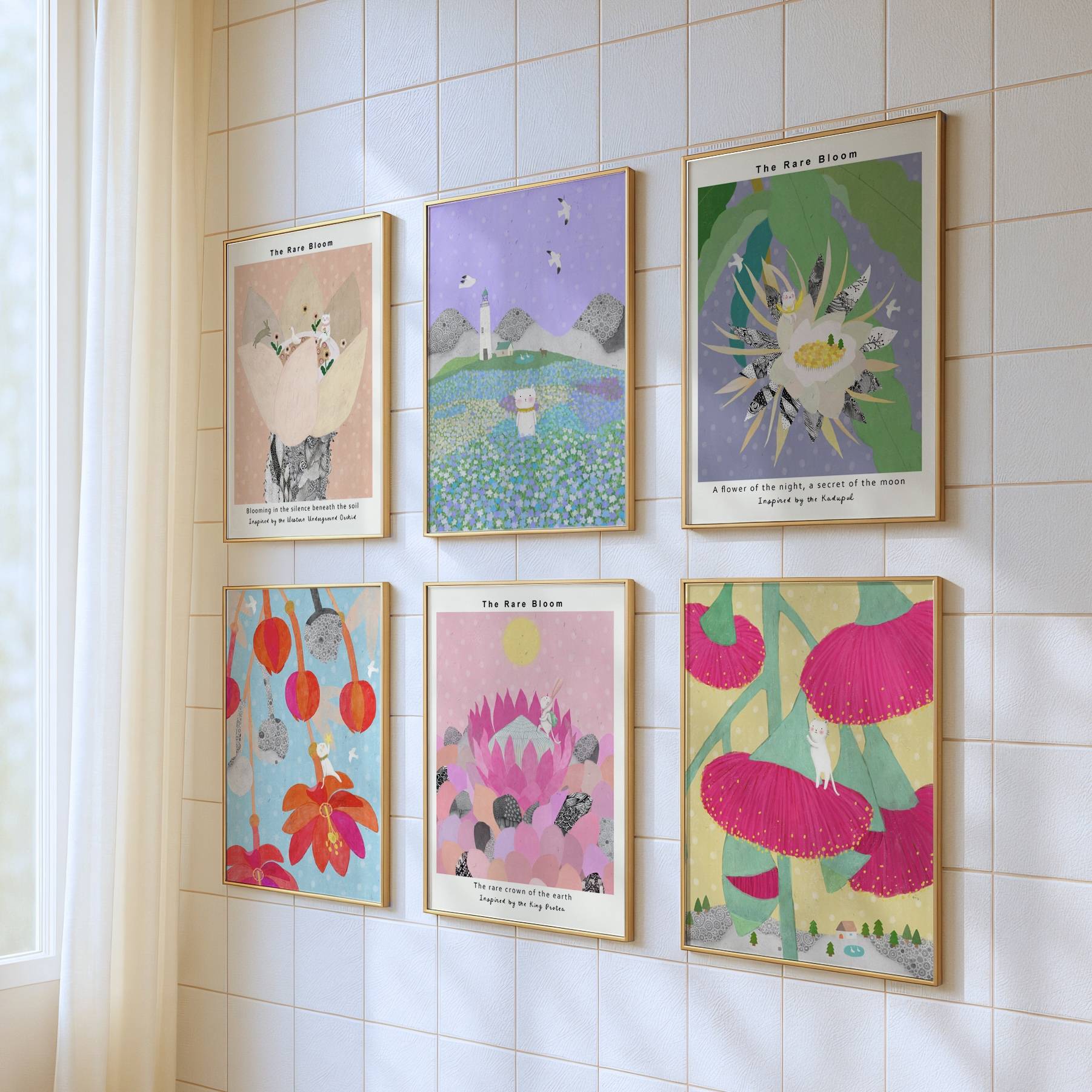 A gallery-style interior display of The Rare Bloom Collection, showcasing multiple botanical posters inspired by rare blooms.