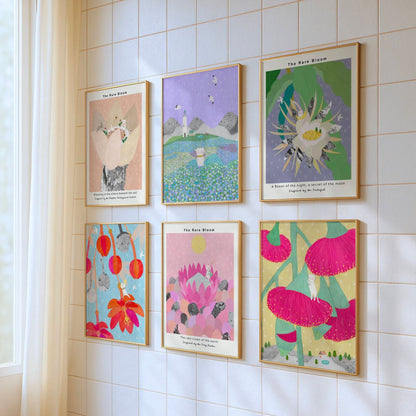 A gallery-style interior display of The Rare Bloom Collection, showcasing multiple botanical posters inspired by rare blooms.