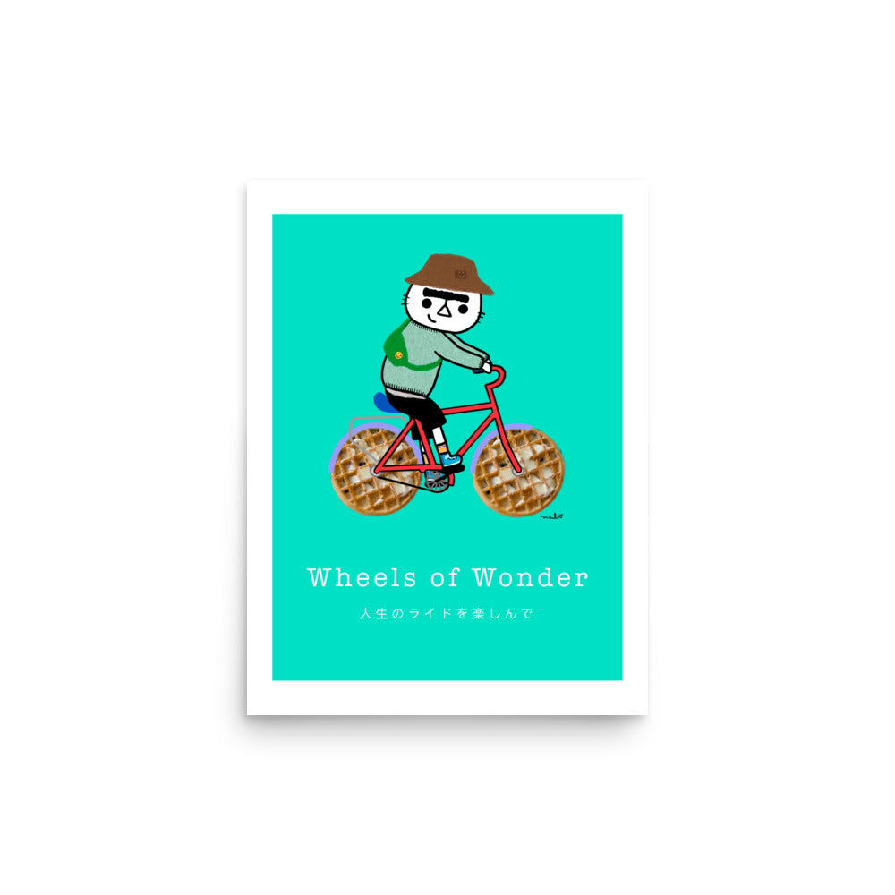 Wheels of Wonder – playful cat illustration from the Malo Collection, featuring a cat riding a bicycle with a waffle for wheels, 12x16 in.