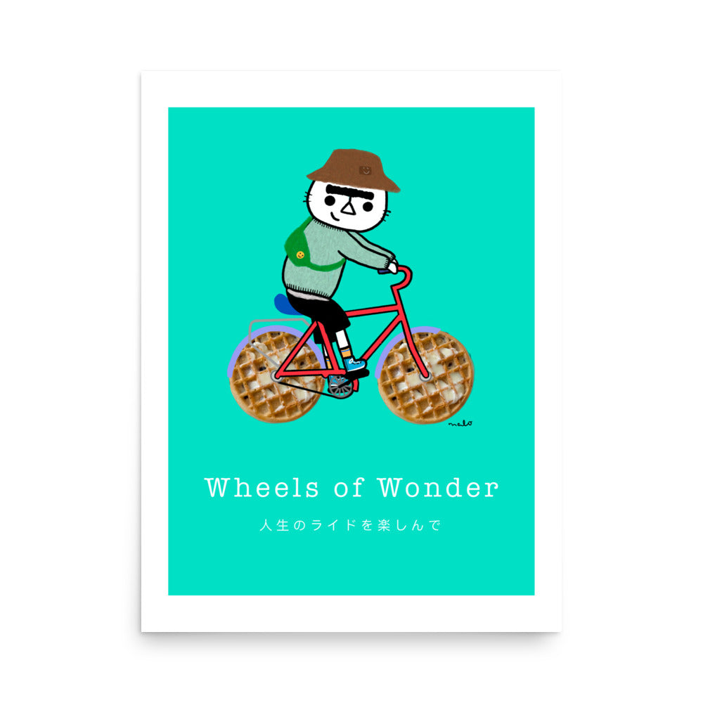 Wheels of Wonder – playful cat illustration from the Malo Collection, featuring a cat riding a bicycle with a waffle for wheels, 18x24 in.