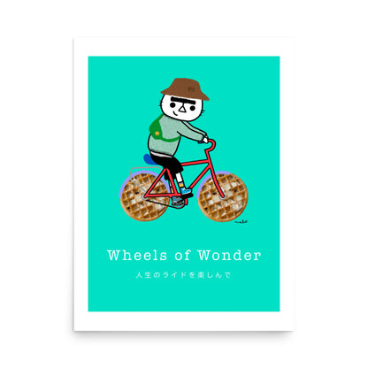 Wheels of Wonder – playful cat illustration from the Malo Collection, featuring a cat riding a bicycle with a waffle for wheels, 18x24 in.