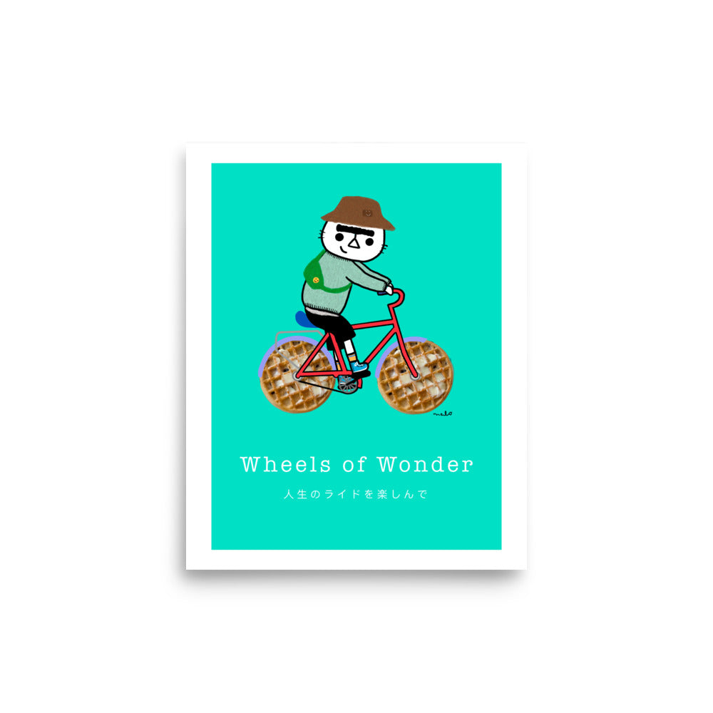 Wheels of Wonder – playful cat illustration from the Malo Collection, featuring a cat riding a bicycle with a waffle for wheels, 8x10 in.