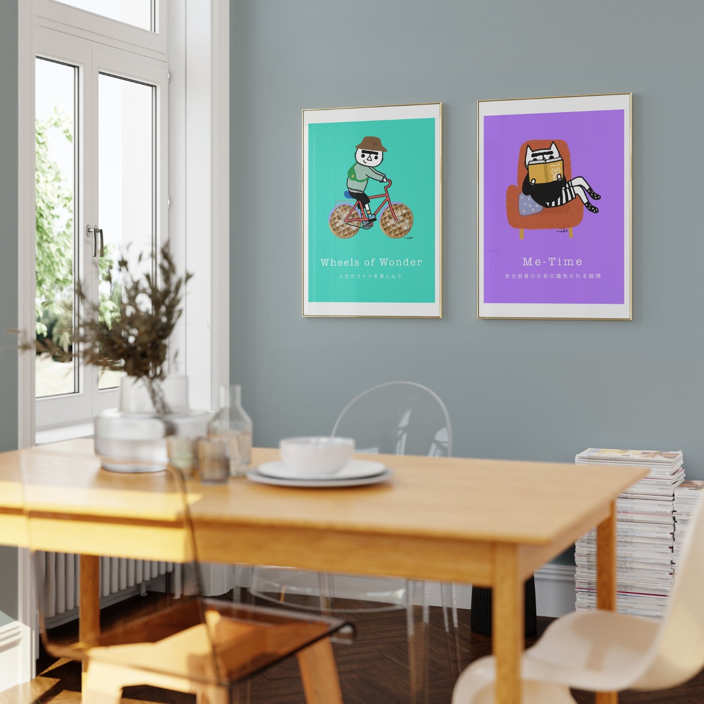 Wheels of Wonder – playful cat illustration from the Malo Collection, shown as wall art displayed in a dinning room