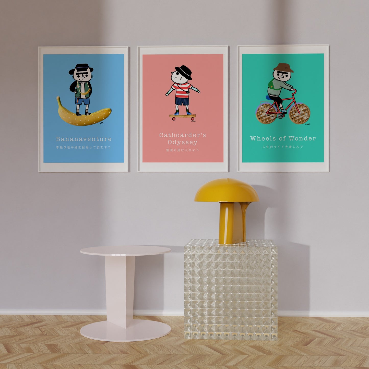 Wheels of Wonder – playful cat illustration from the Malo Collection, shown as wall art displayed in a modern living room 03